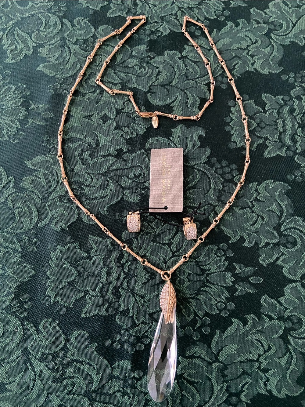 Miriam Haskell Gold Tone Chain with Crystal Teardrop pendant Necklace & Earrings